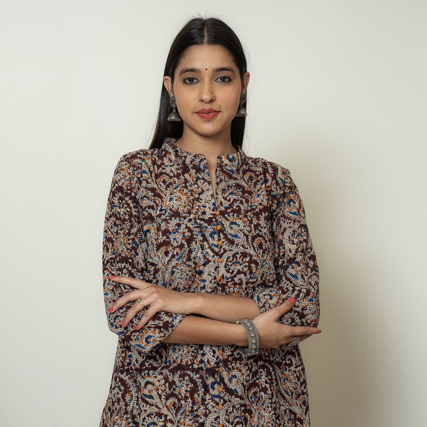 Maroon Block Print Cotton A-Line Kalamkari Kurta 