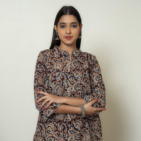 Maroon Block Print Cotton A-Line Kalamkari Kurta 