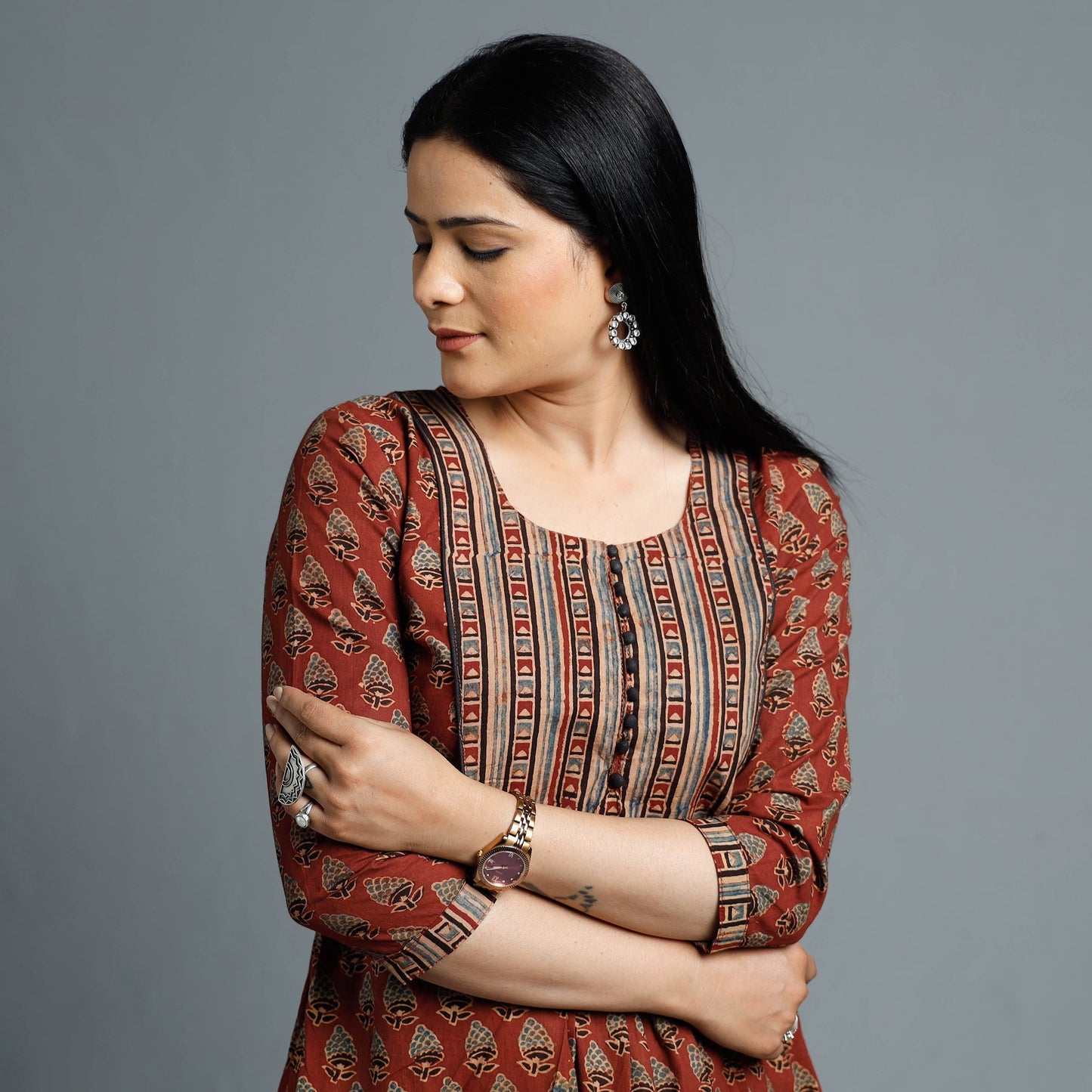 Maroon - Cotton Long Kurta in Ajrakh Block Prints of Kutch