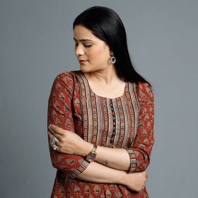 Maroon - Cotton Long Kurta in Ajrakh Block Prints of Kutch