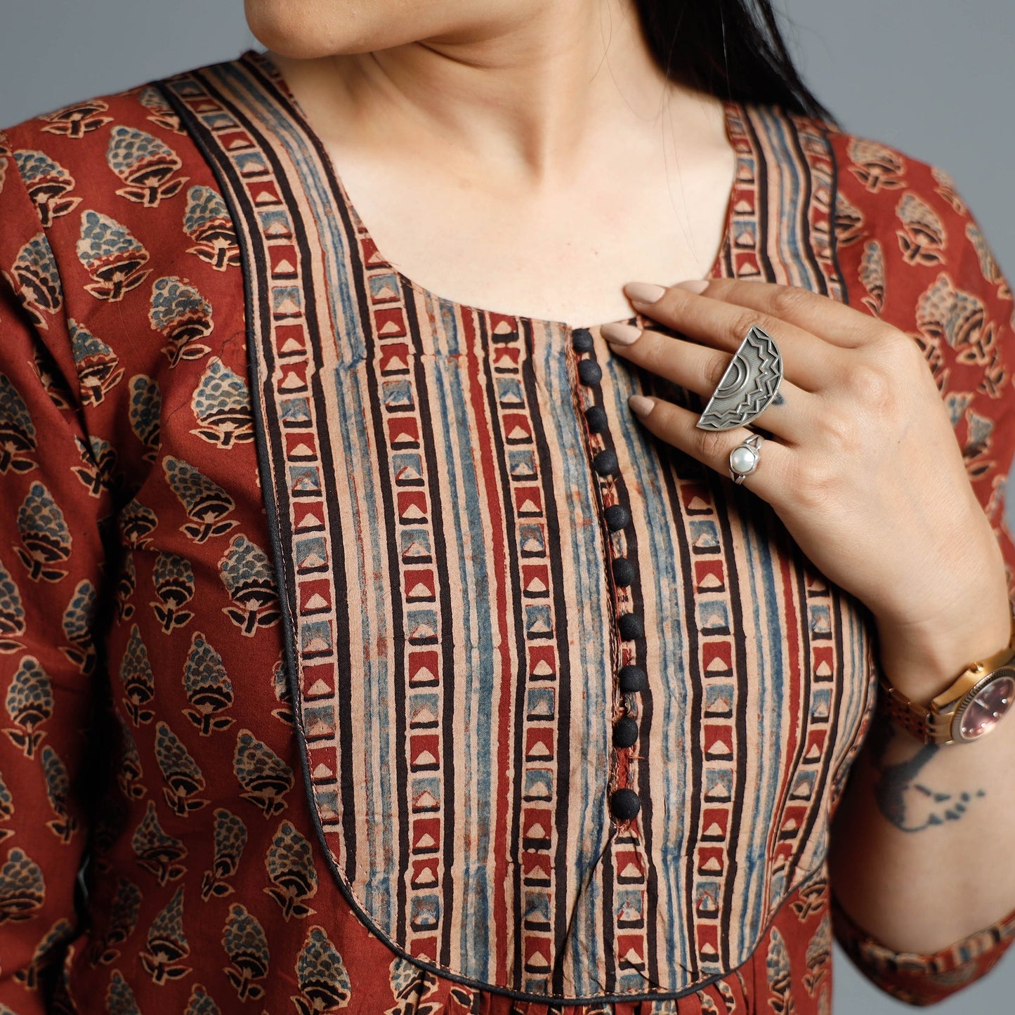 Maroon - Cotton Long Kurta in Ajrakh Block Prints of Kutch