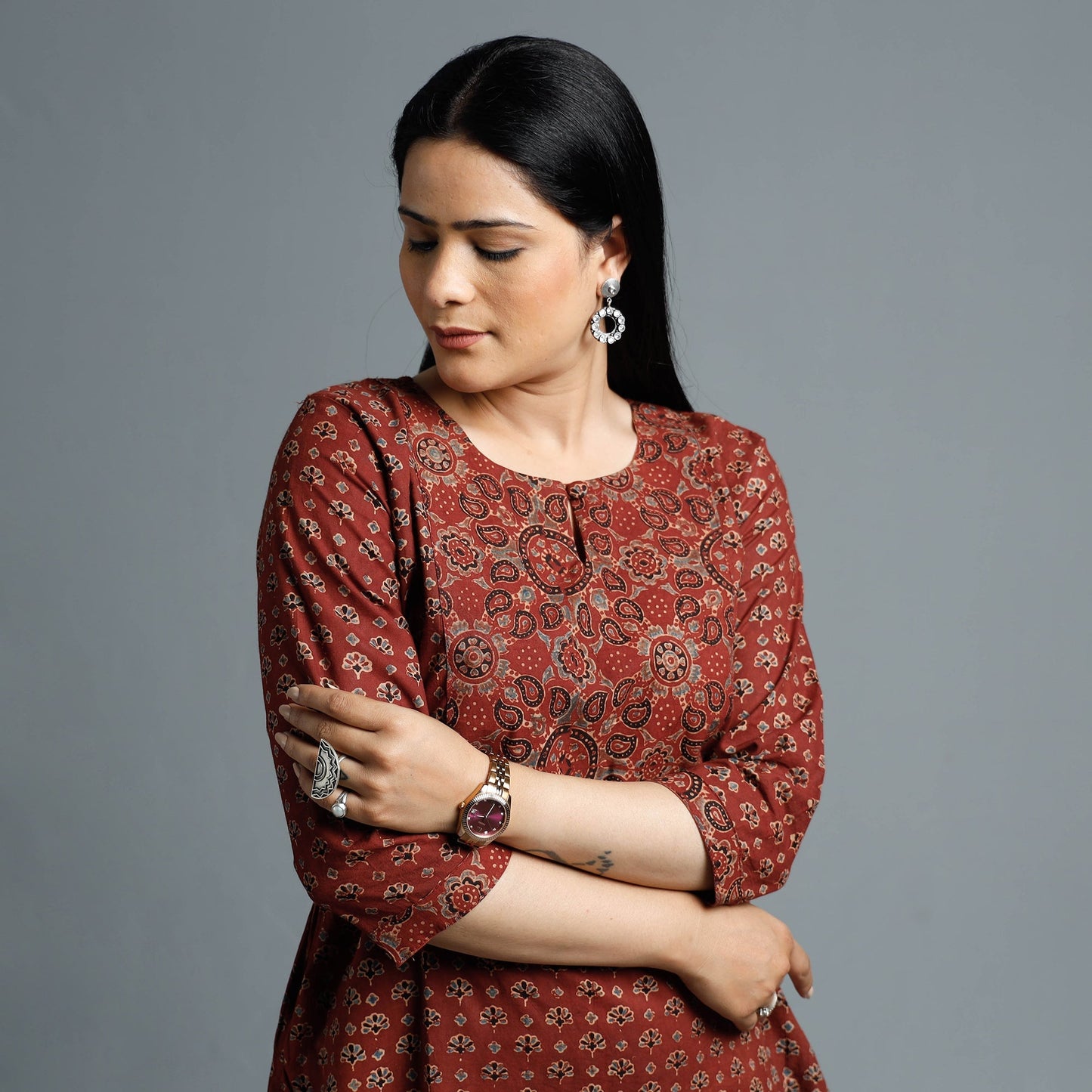 Maroon - Cotton Long Kurta in Ajrakh Block Prints of Kutch