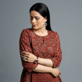 Maroon - Cotton Long Kurta in Ajrakh Block Prints of Kutch