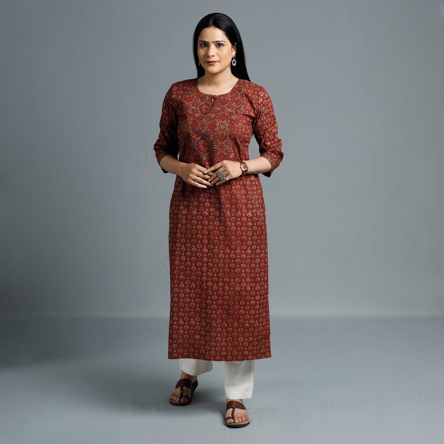 Maroon - Cotton Long Kurta in Ajrakh Block Prints of Kutch