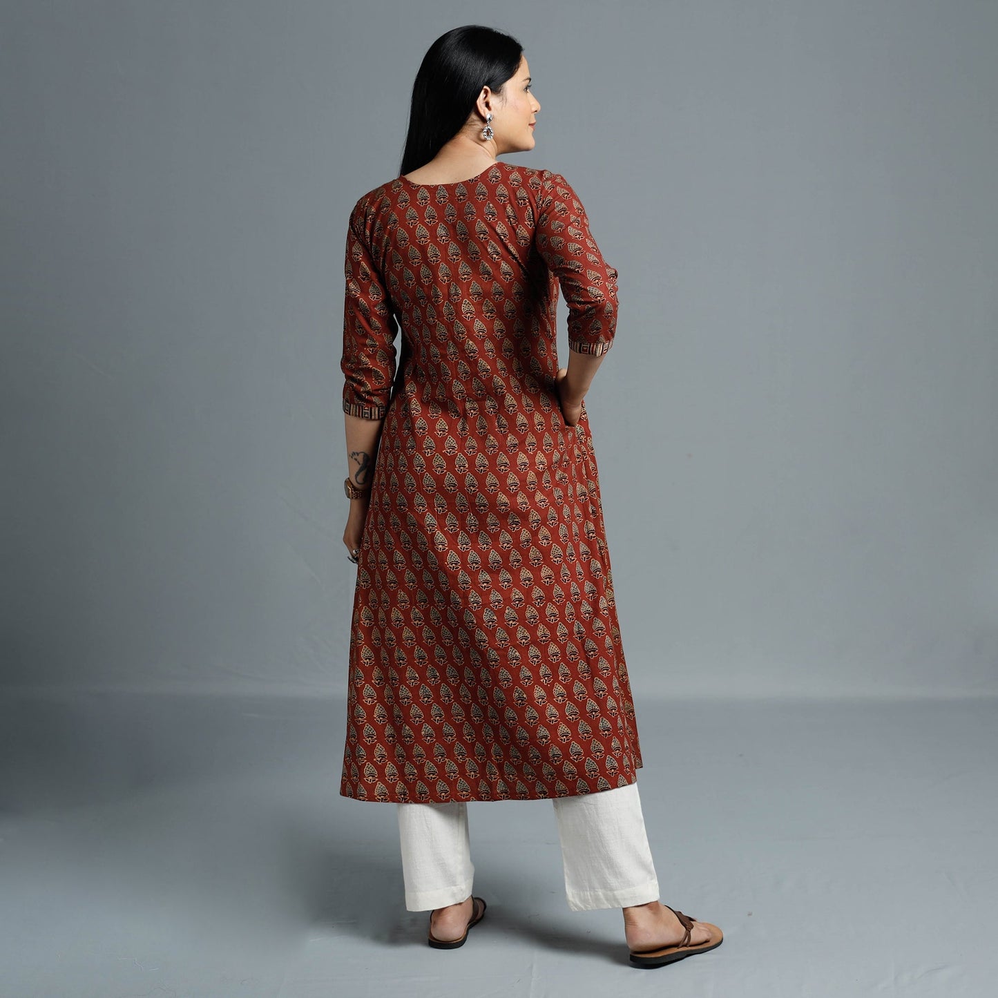 Maroon - Cotton Long Kurta in Ajrakh Block Prints of Kutch