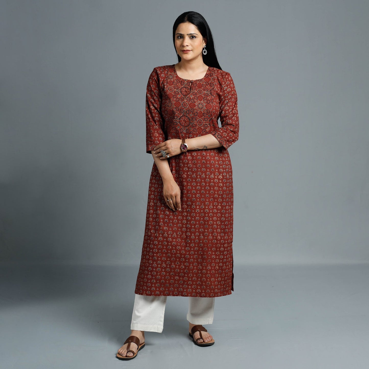 Maroon - Cotton Long Kurta in Ajrakh Block Prints of Kutch