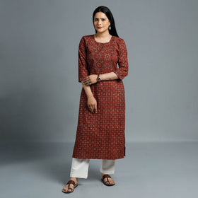 Maroon - Cotton Long Kurta in Ajrakh Block Prints of Kutch