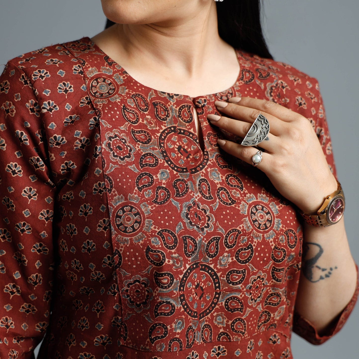 Maroon - Cotton Long Kurta in Ajrakh Block Prints of Kutch