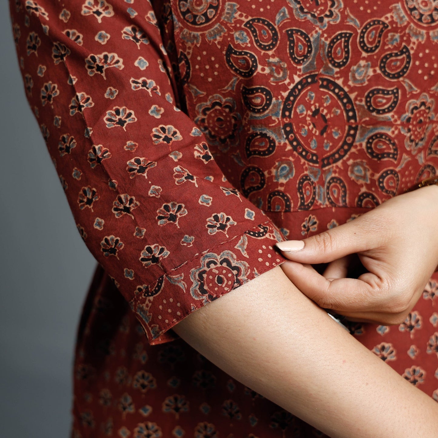 Maroon - Cotton Long Kurta in Ajrakh Block Prints of Kutch