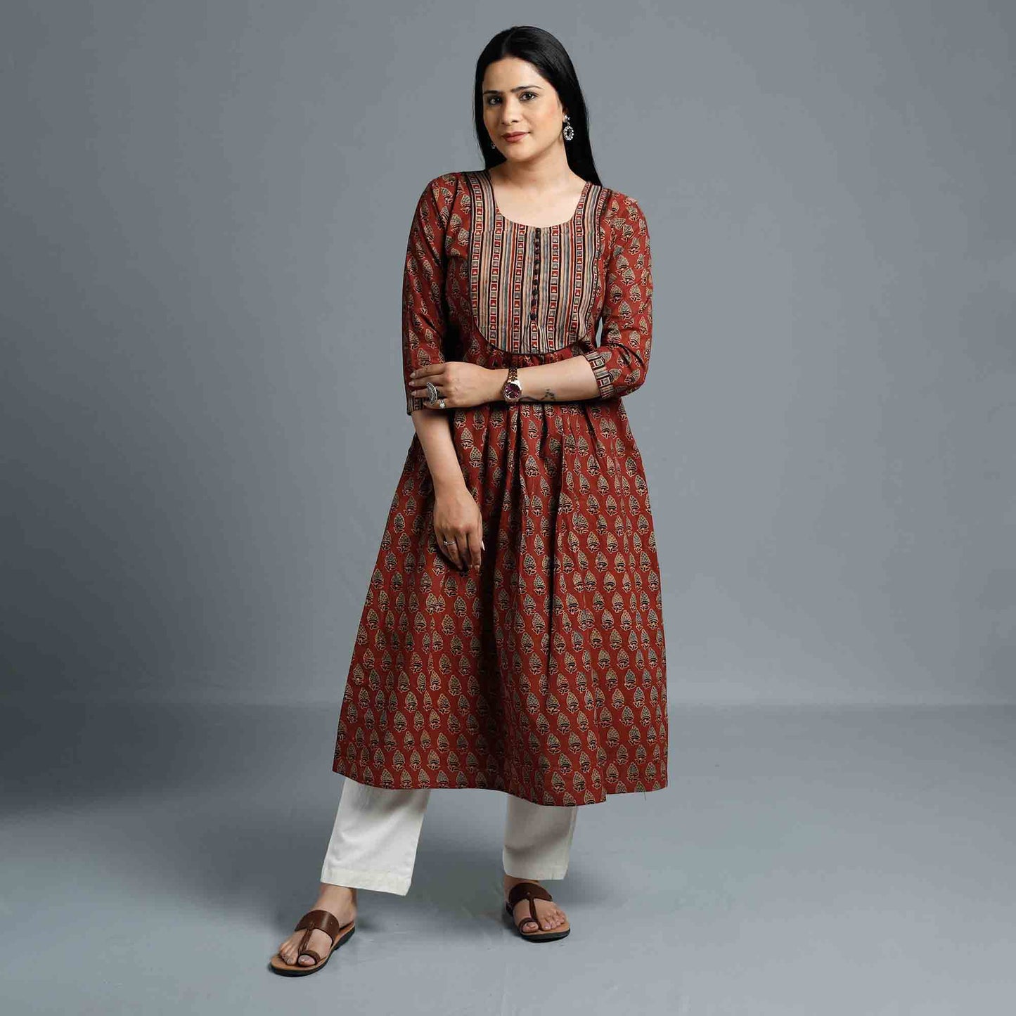 Maroon - Cotton Long Kurta in Ajrakh Block Prints of Kutch