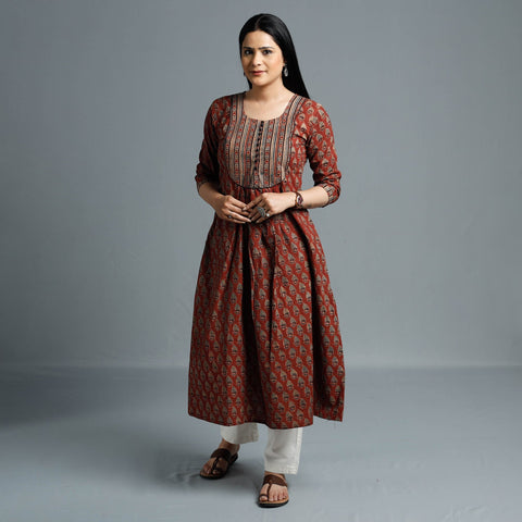 Maroon - Cotton Long Kurta in Ajrakh Block Prints of Kutch