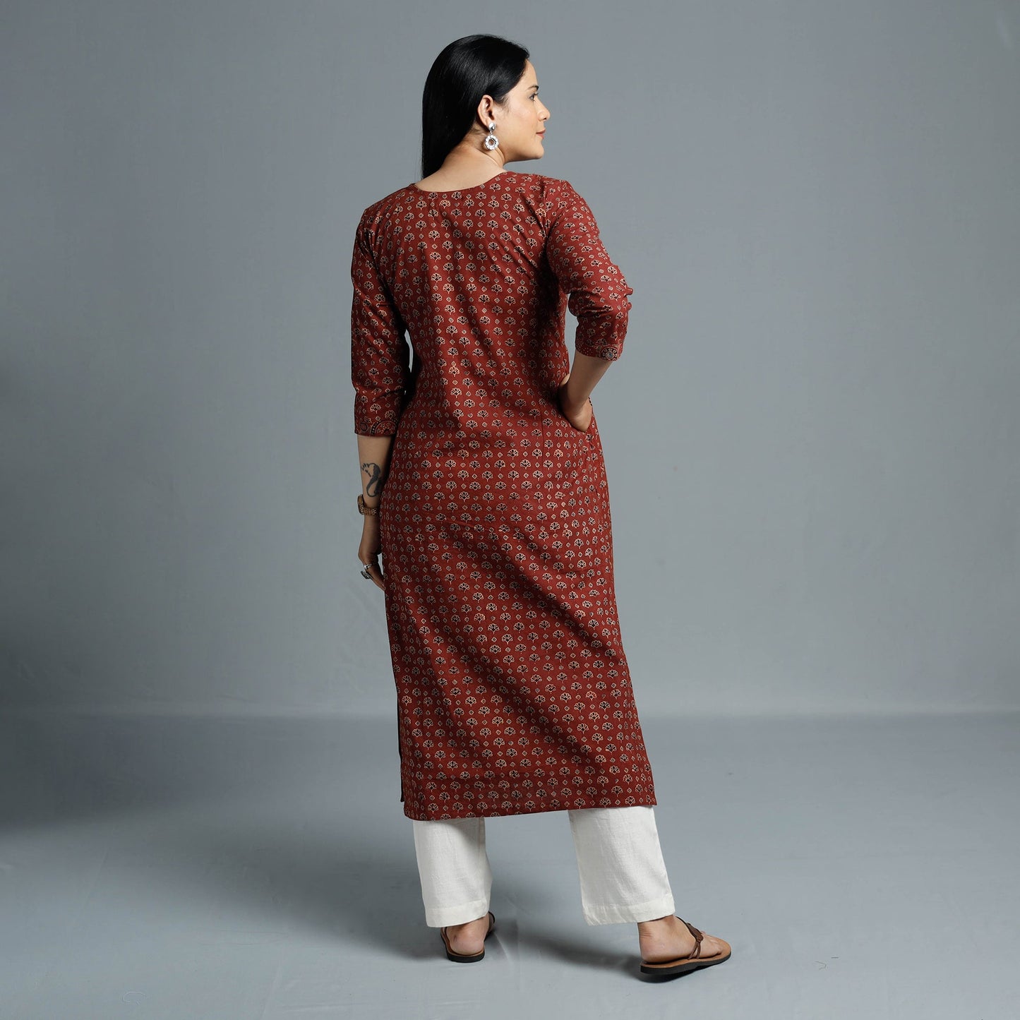 Maroon - Cotton Long Kurta in Ajrakh Block Prints of Kutch