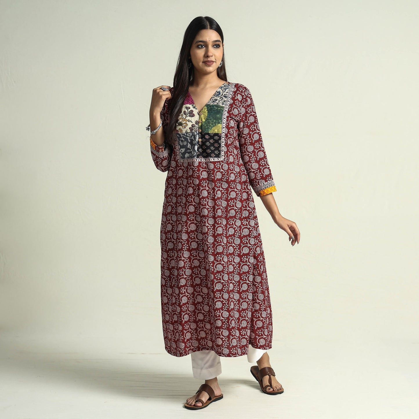 Buy Block Print Cotton Patchwork A-Line Bagh Kurta Online