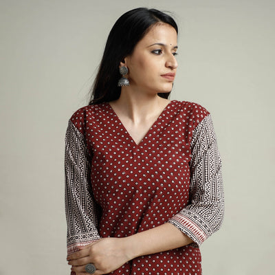 Maroon Block Print Cotton Straight Bagh Kurta For Women
