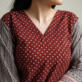 Maroon Block Print Cotton Straight Bagh Kurta For Women