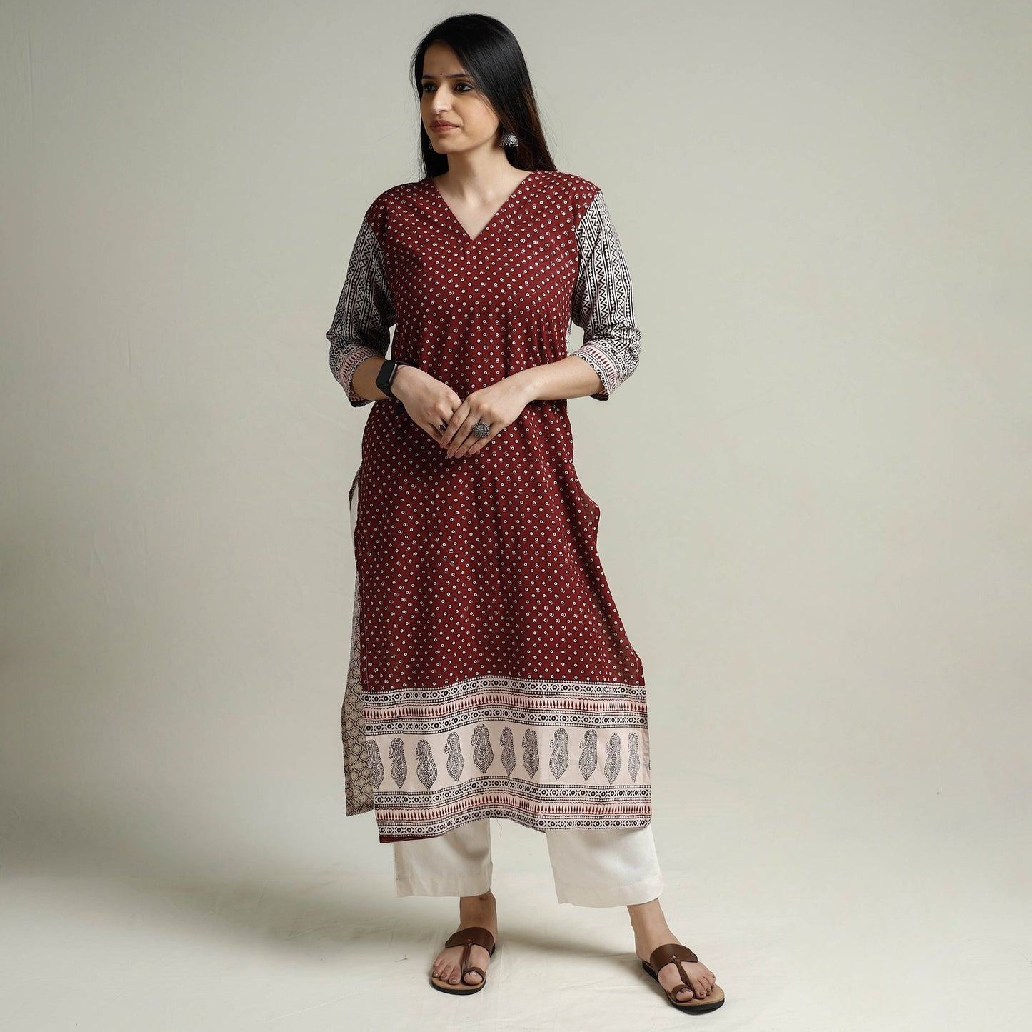 Maroon Block Print Cotton Straight Bagh Kurta For Women