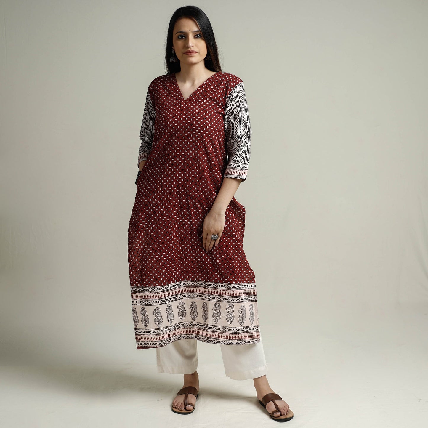 Maroon Block Print Cotton Straight Bagh Kurta For Women