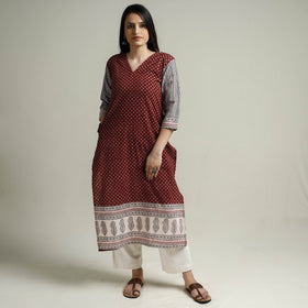 Maroon Block Print Cotton Straight Bagh Kurta For Women