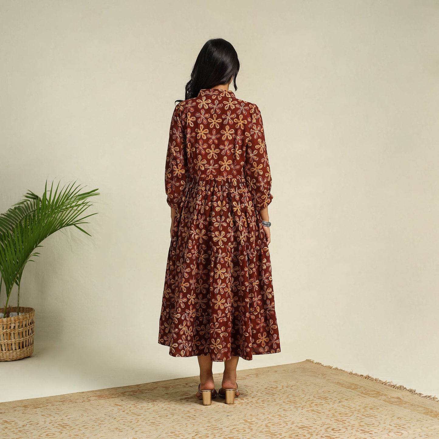 Maroon Block Print Cotton Tiered Kalamkari Dress