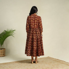 Maroon Block Print Cotton Tiered Kalamkari Dress