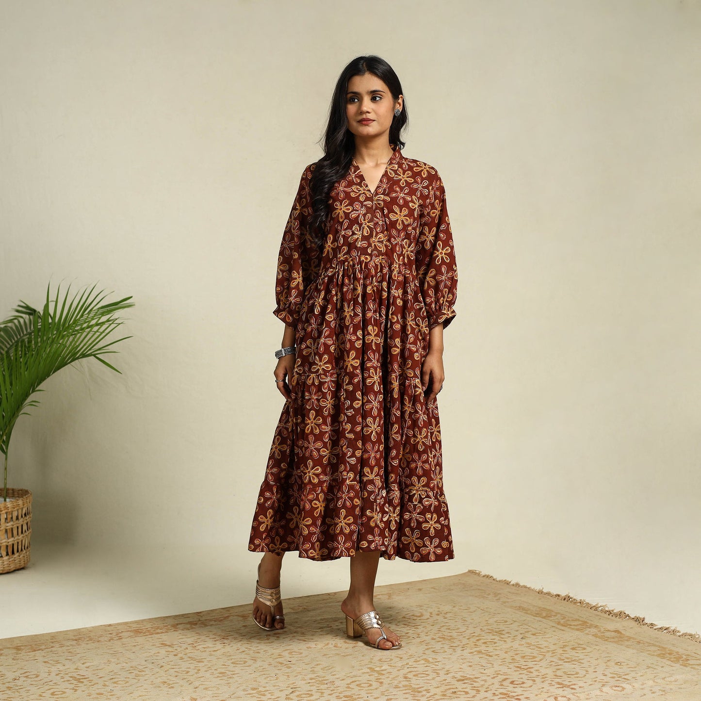 Maroon Block Print Cotton Tiered Kalamkari Dress