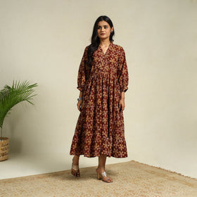 Maroon Block Print Cotton Tiered Kalamkari Dress