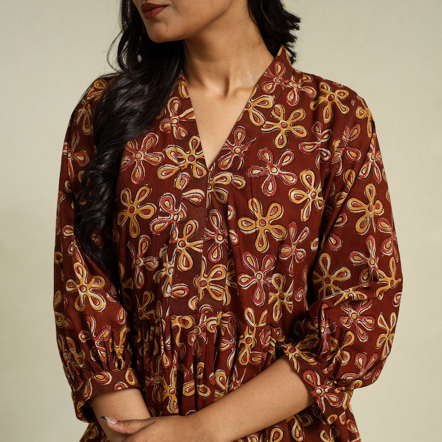 Maroon Block Print Cotton Tiered Kalamkari Dress