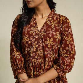 Maroon Block Print Cotton Tiered Kalamkari Dress