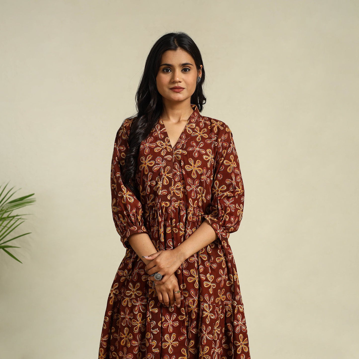 Maroon Block Print Cotton Tiered Kalamkari Dress