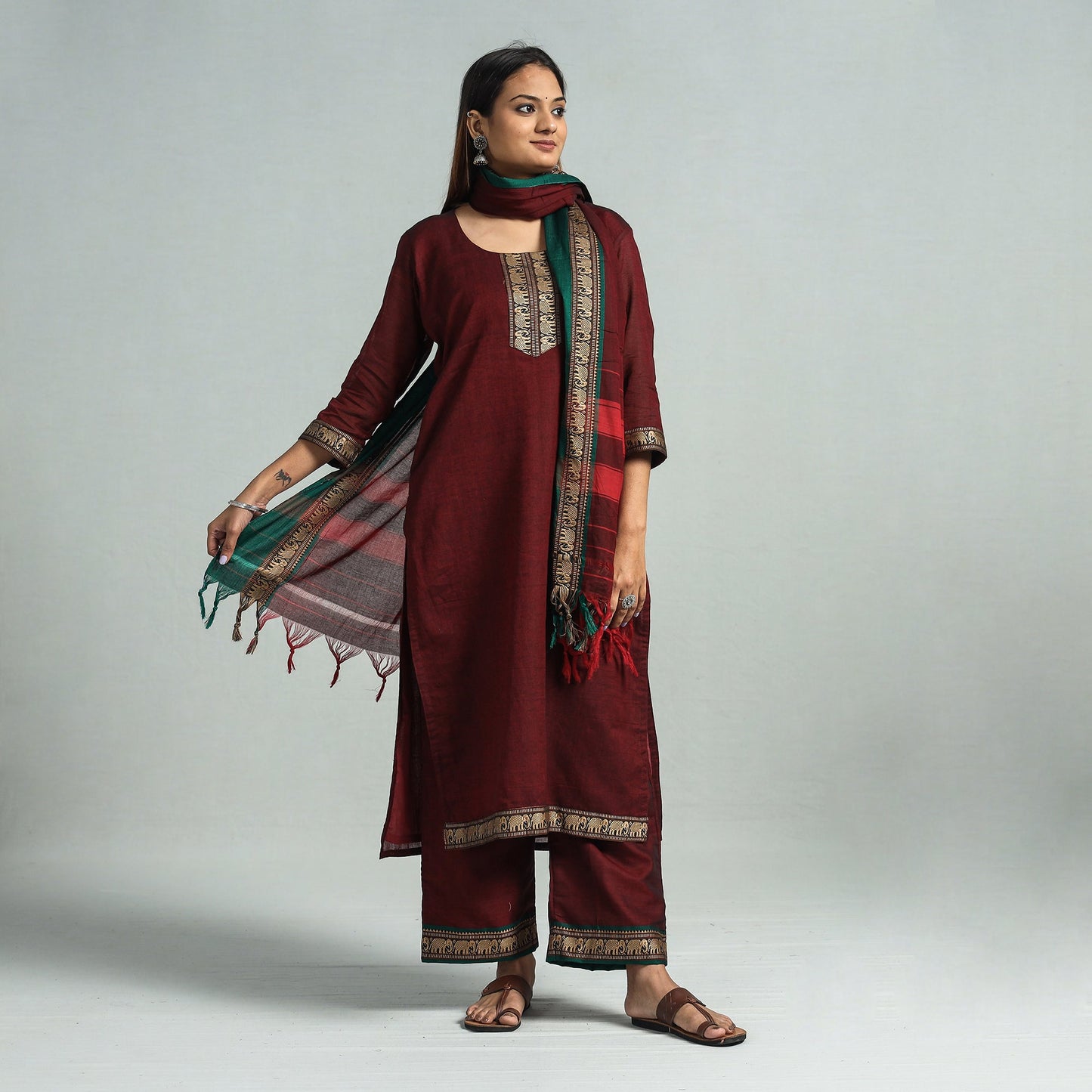 Maroon - dharwad cotton kurta with palazzo & dupatta set