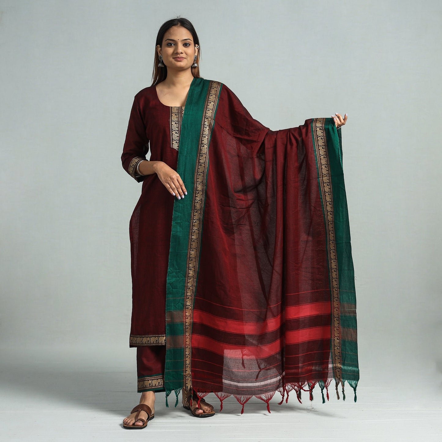 Maroon - dharwad cotton kurta with palazzo & dupatta set