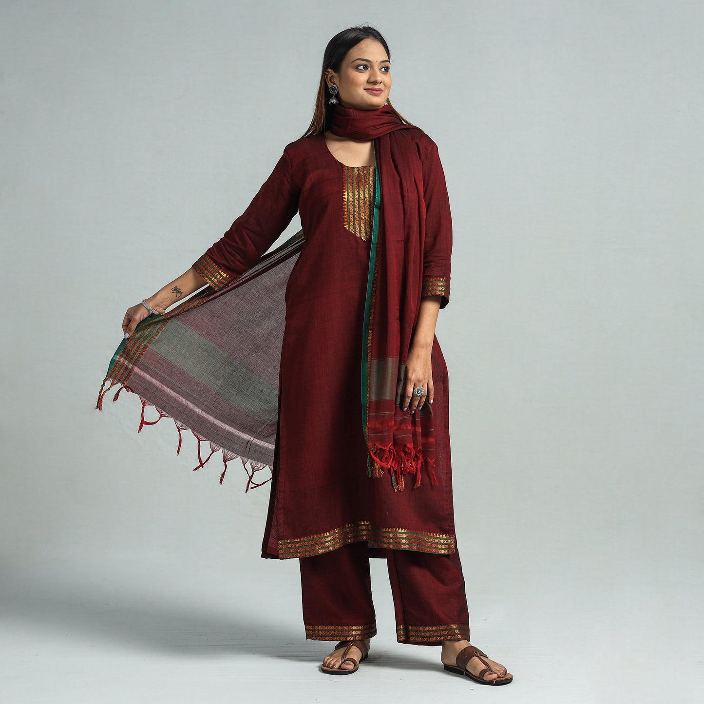 Maroon - dharwad cotton kurta with palazzo & dupatta set
