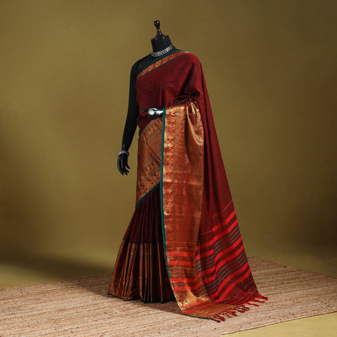 Maroon - dharwad cotton saree with border 02 - handcrafted