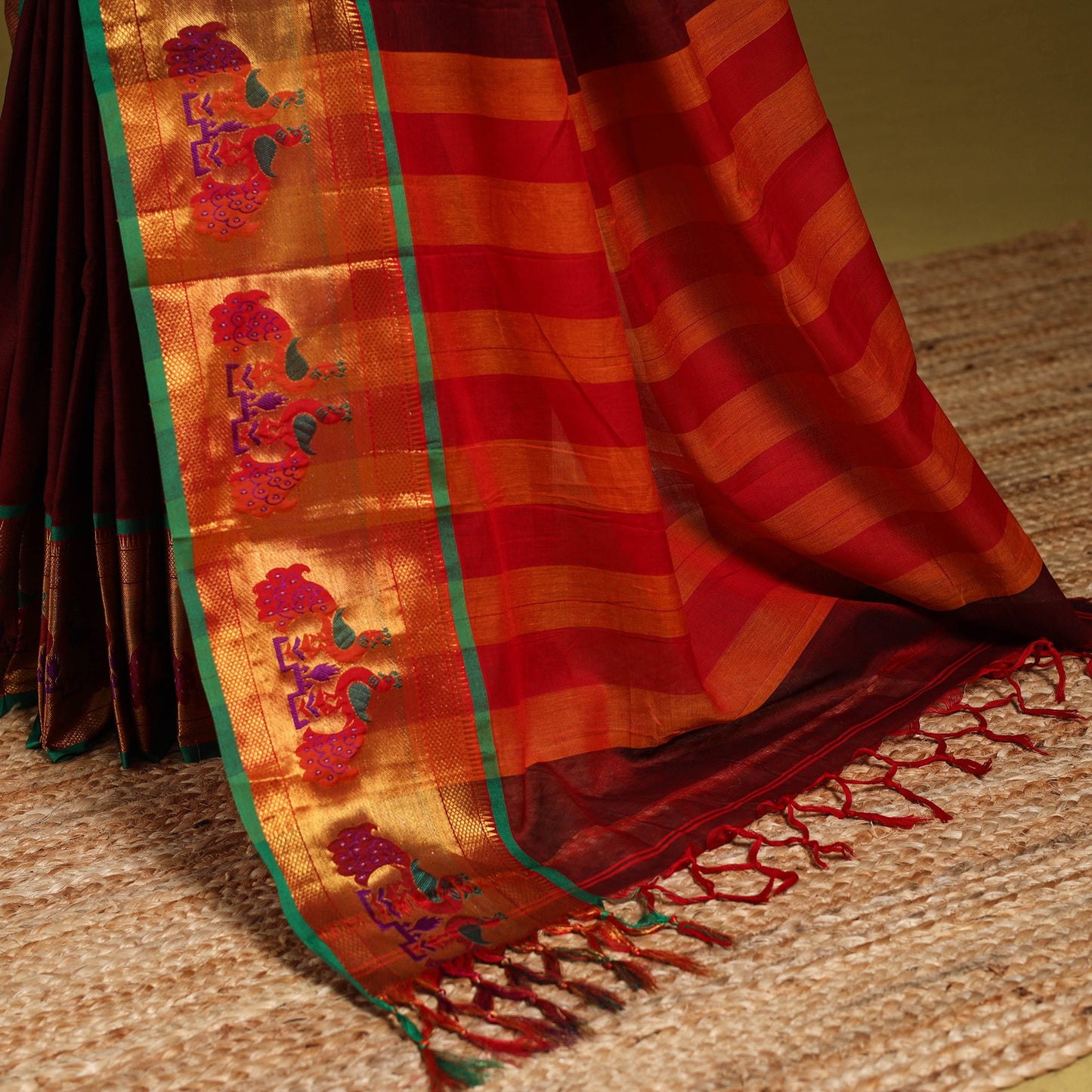 Maroon - dharwad cotton saree with border 15 - handcrafted