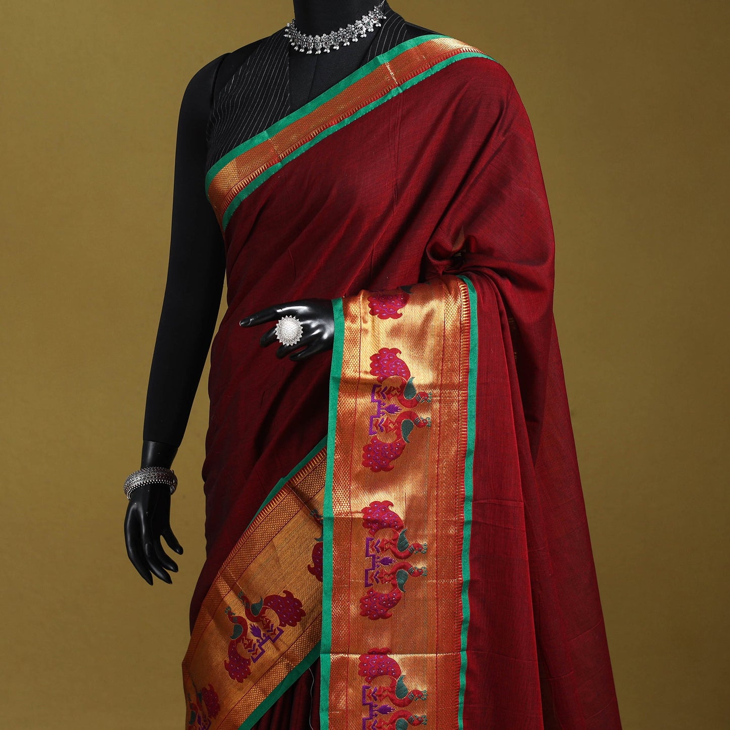 Maroon - dharwad cotton saree with border 15 - handcrafted