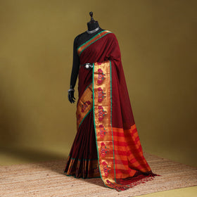 Maroon - dharwad cotton saree with border 15 - handcrafted