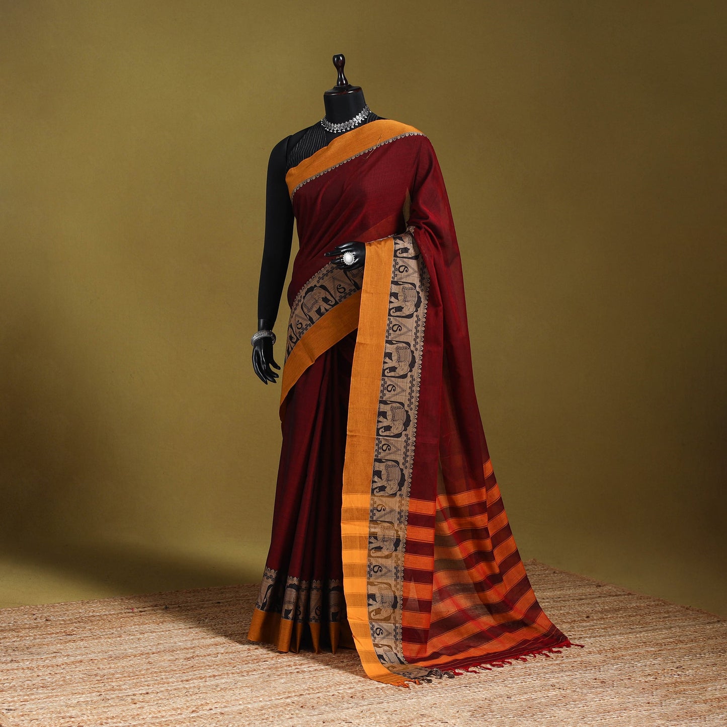 Maroon - dharwad cotton saree with border 65 - handcrafted