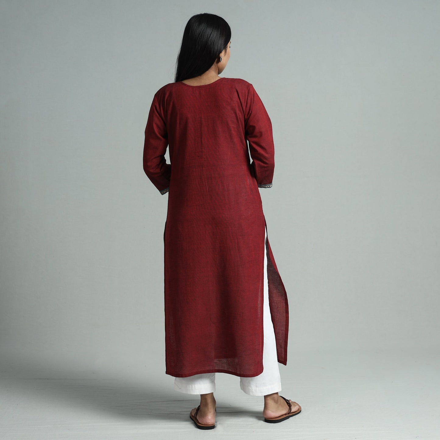 Maroon - dharwad cotton straight kurta with ajrakh