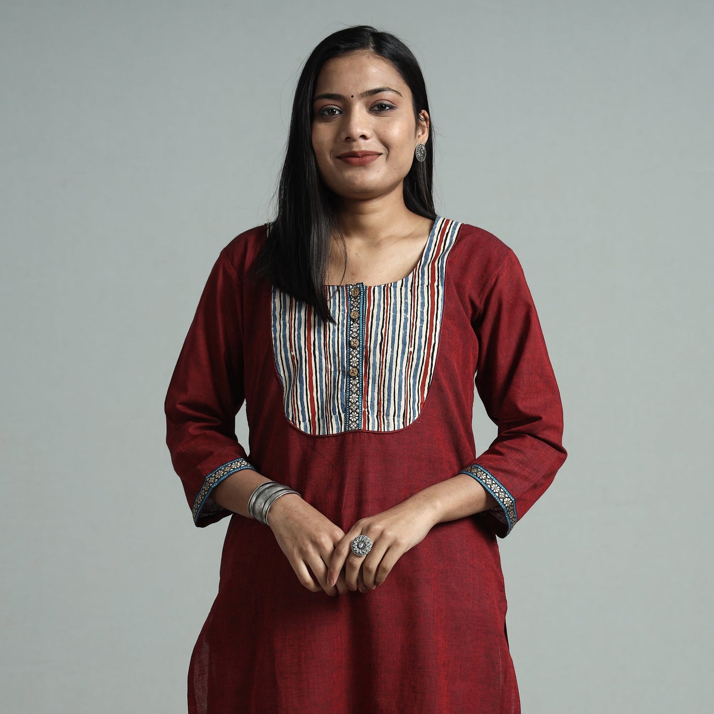 Maroon - dharwad cotton straight kurta with ajrakh