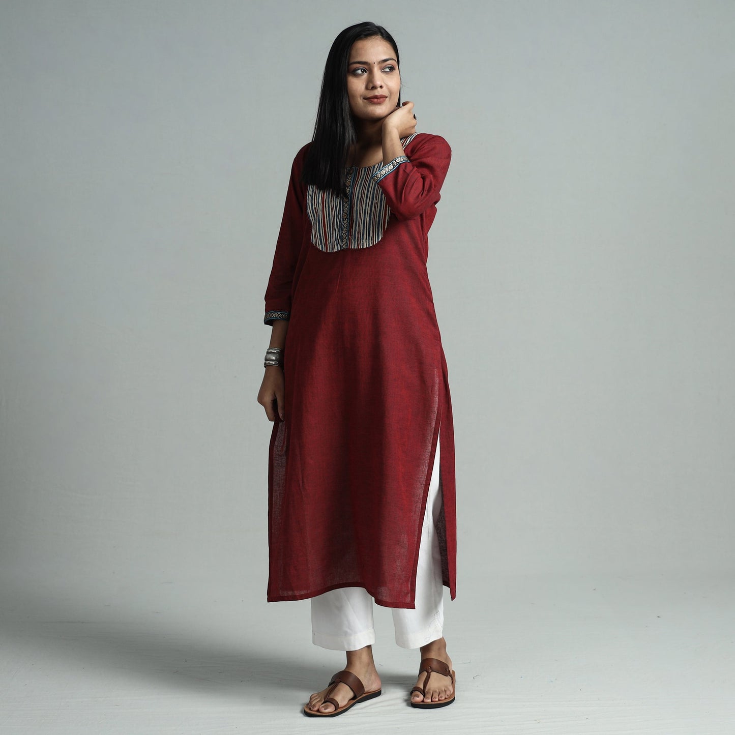 Maroon - dharwad cotton straight kurta with ajrakh