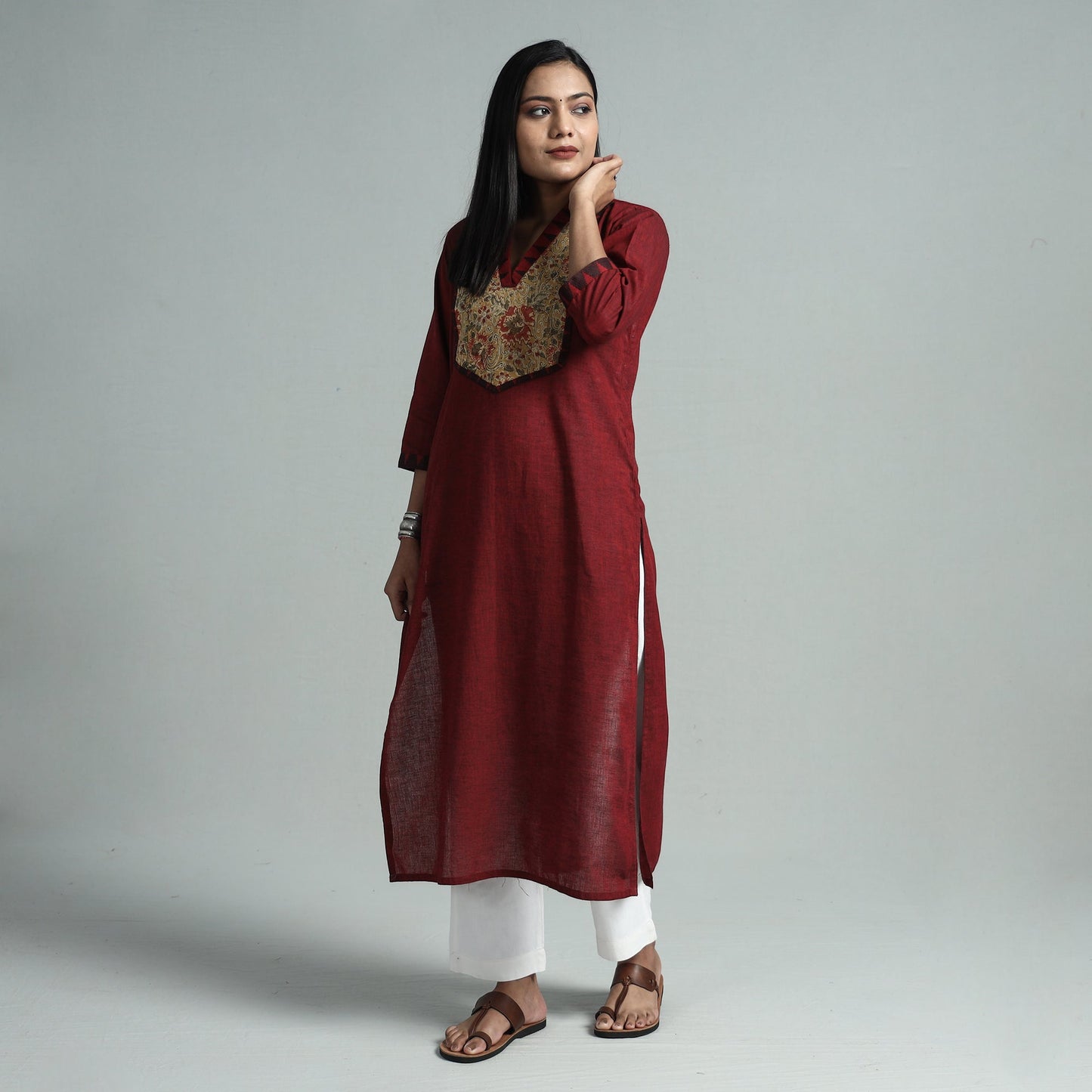 Maroon - dharwad cotton straight kurta with kalamkari