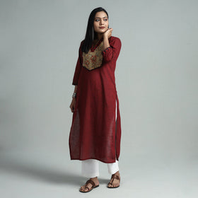 Maroon - dharwad cotton straight kurta with kalamkari