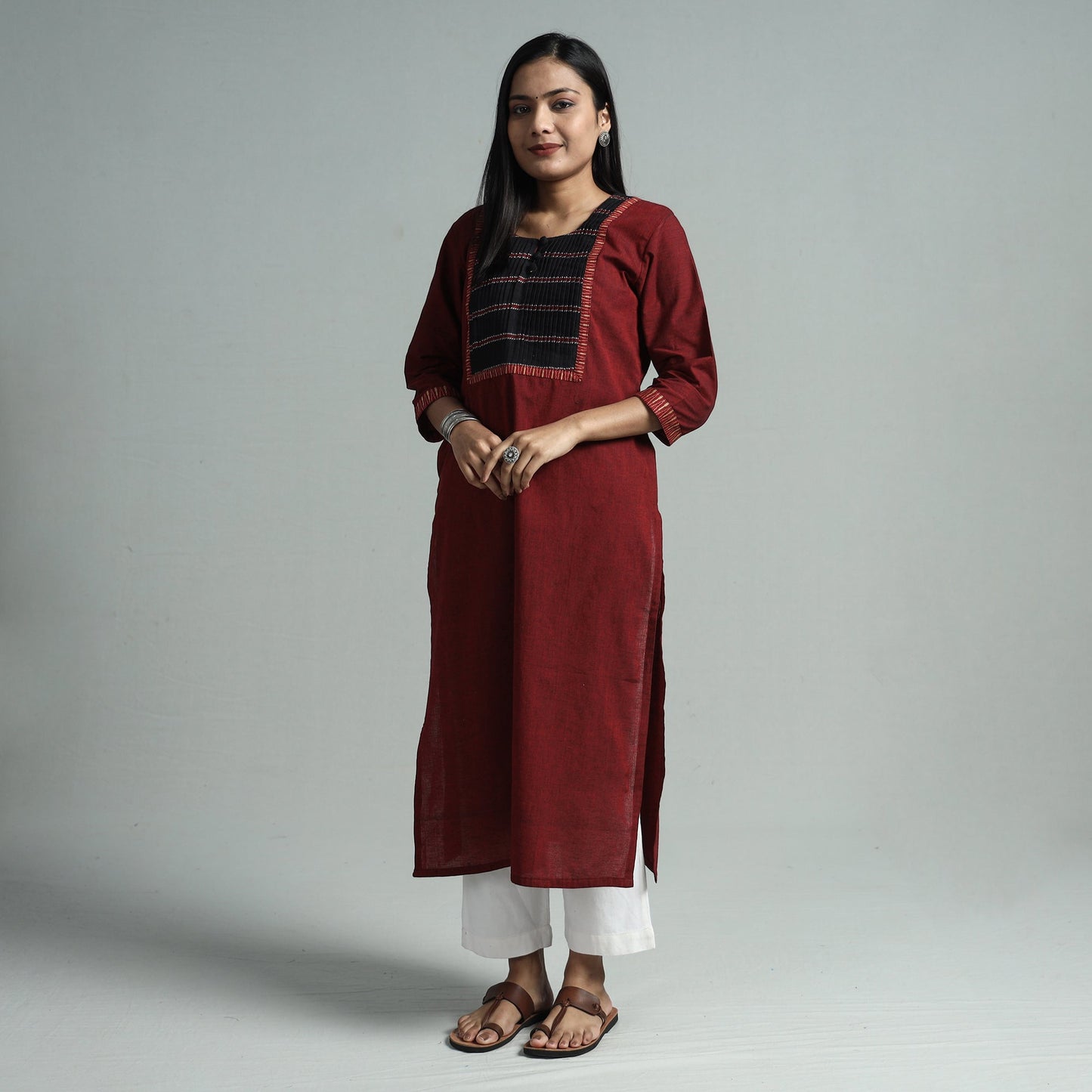 Maroon - dharwad cotton straight kurta with pintuck
