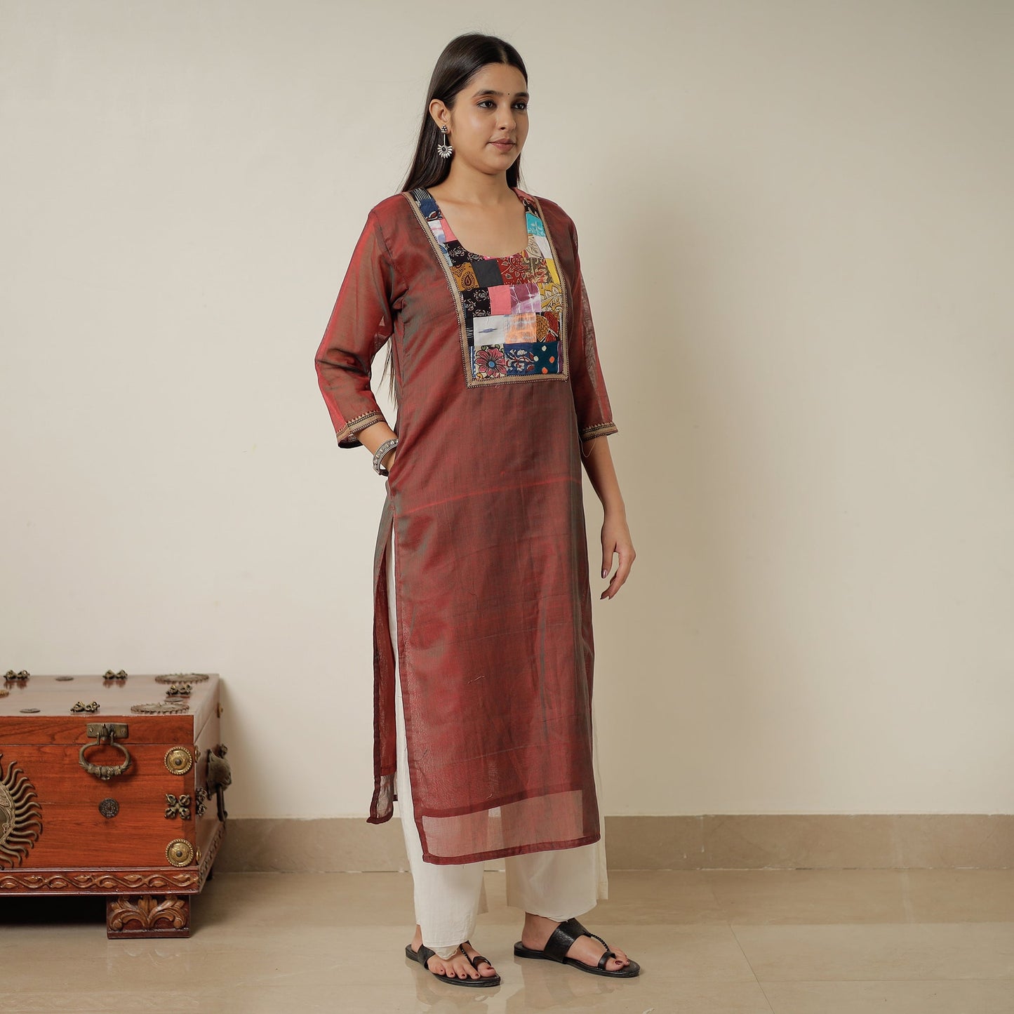 Maroon - Dharwad Mercerised Cotton Straight Kurta with Patchwork 12