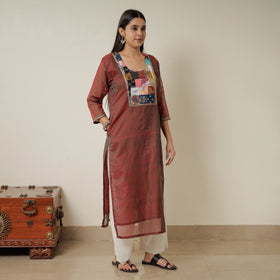Maroon - Dharwad Mercerised Cotton Straight Kurta with Patchwork 12