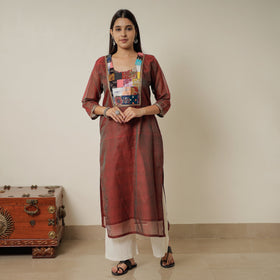 Maroon - Dharwad Mercerised Cotton Straight Kurta with Patchwork 12