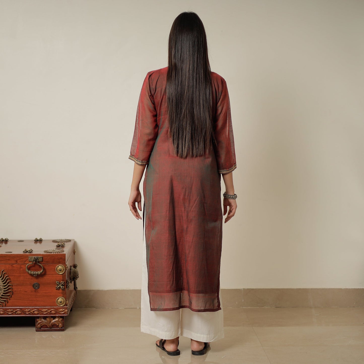 Maroon - Dharwad Mercerised Cotton Straight Kurta with Patchwork 12