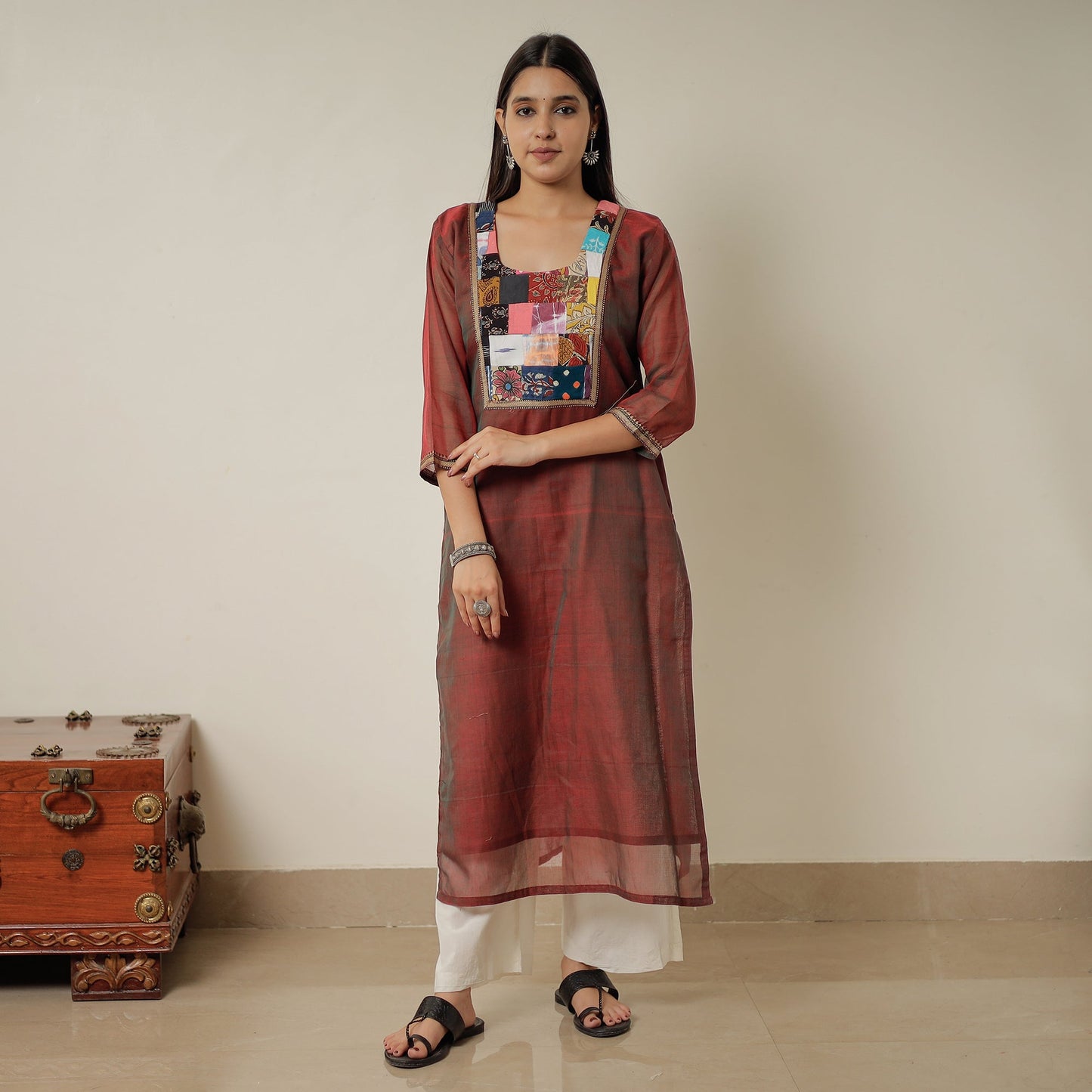 Maroon - Dharwad Mercerised Cotton Straight Kurta with Patchwork 12