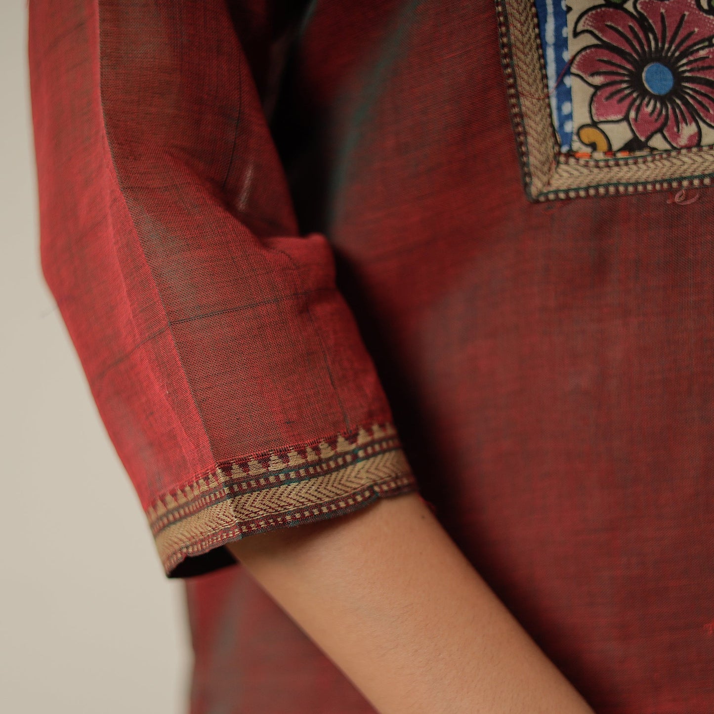 Maroon - Dharwad Mercerised Cotton Straight Kurta with Patchwork 12