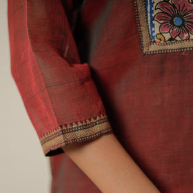 Maroon - Dharwad Mercerised Cotton Straight Kurta with Patchwork 12